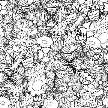 Doodle flowers seamless pattern. Whimsical nature coloring page. Black and white Stock Illustration