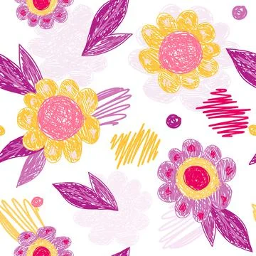 Doodle flowers seamless pattern on white background. Creative decorative bota Stock Illustration