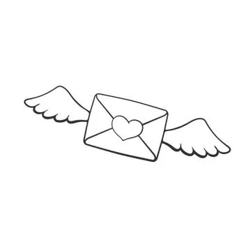 Doodle of flying closed envelope with wax heart and wings Stock Illustration