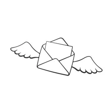 Doodle of flying opened envelope with wings Stock Illustration