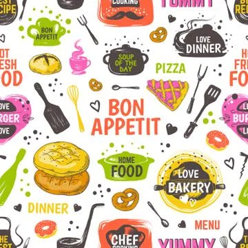 Doodle food pattern. Menu seamless background, vector hand drawn restaurant and Stock Illustration