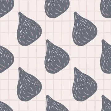 Doodle food seamless pattern with fig pastel blue shapes. Light chequered bac Stock Illustration