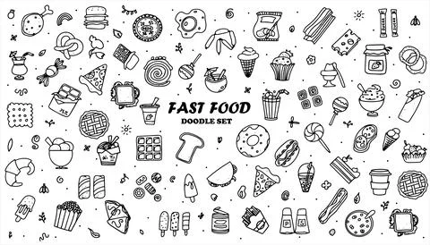 Doodle food set of 50 various fast-food products. Hand-drawn sweets, desserts Stock Illustration