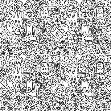 Doodle Forest seamless pattern with animals and plants hand drawn 스톡 일러스트