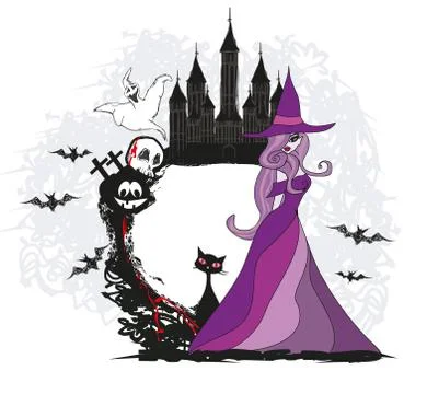 Doodle frame , Halloween witch,bones, bats, skulls Stock Illustration