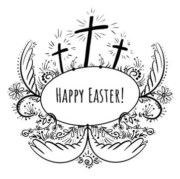 Doodle frame Happy easter with three crosses Stock Illustration