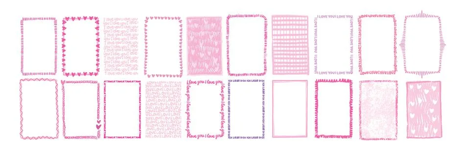 Doodle frame set, vector hand drawn scribble border, romantic Valentine day Stock Illustration