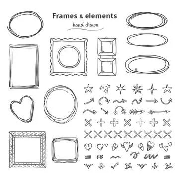 Doodle frames and elements. Hand drawn square round line frames, pencil sketch 스톡 일러스트