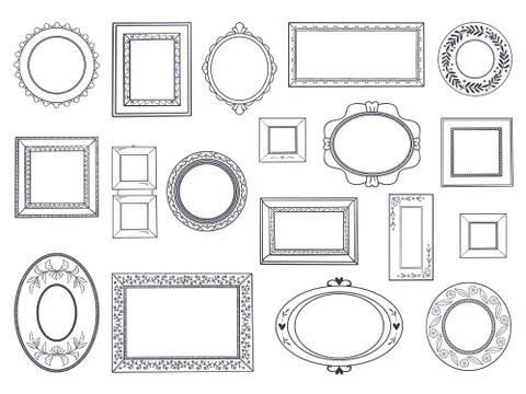 Doodle frames. Square hand draw borders, pencil circle line, round curved frames Stock Illustration