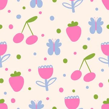 Doodle fruit, cherry, butterfly, cherry and dots pattern. Stock Illustration
