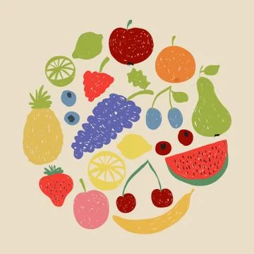 Doodle fruit circle in retro colors Illustrazione stock