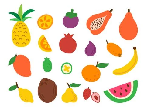 Doodle fruit set isolated on white background. Natural tropical fruits. Hand  Stock Illustration