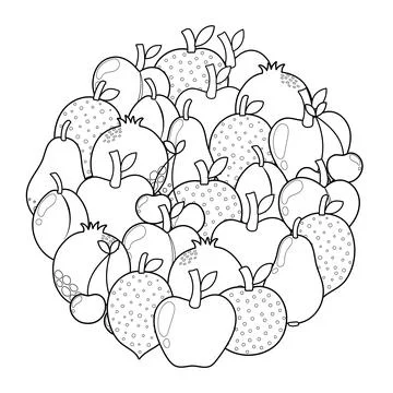 Doodle fruits circle shape coloring page. Mandala with apples, lemon Stock Illustration