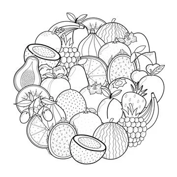 Doodle fruits circle shape pattern for coloring book. Food mandala coloring page Stock Illustration