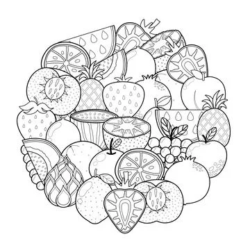 Doodle fruits circle shape pattern for coloring book. Food mandala coloring page Stock Illustration