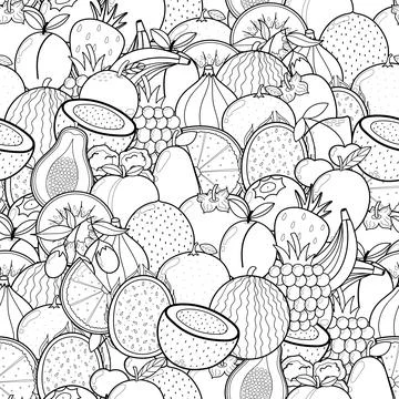 Doodle fruits seamless pattern for coloring book. Food coloring page Stock Illustration