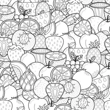 Doodle fruits seamless pattern for coloring book. Food coloring page Stock Illustration