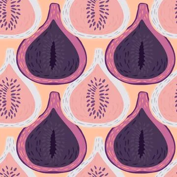 Doodle fruits seamless pattern with fig purple and pink ornament. Orange past 스톡 일러스트