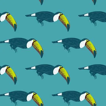 Doodle funny animal seamless pattern with simple toucan bird shapes. Blue bac Stock Illustration
