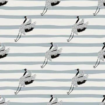 Doodle funny animal seamless pattern with simple crane bird shapes. Striped b Illustrazione stock