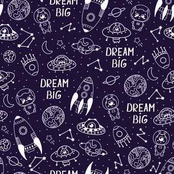 Doodle galaxy themed pattern with spaceships, planets, dream big lettering, a Stock Illustration