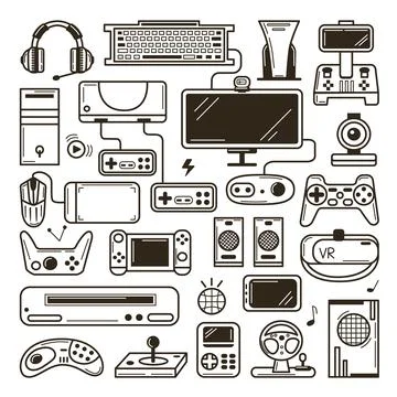 Doodle gaming elements, gamers electronics devices sketch. Computer game Stock-Illustration