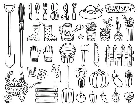 Doodle garden set, objects, tools, and elements. Stock Illustration