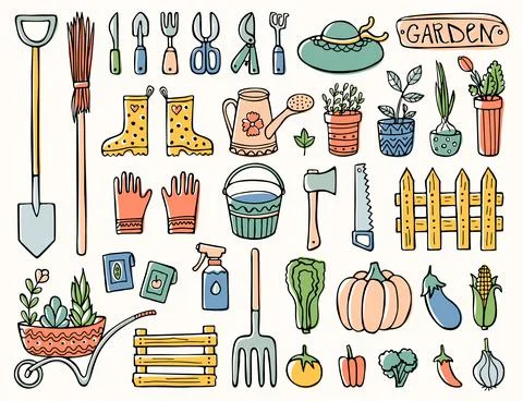 Doodle garden set, objects, tools, and elements. イラスト素材