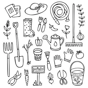 Doodle garden set, tools, and elements. Stockillustratie