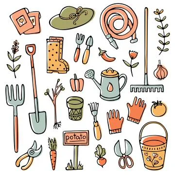 Doodle garden set, tools, elements and stuff Stockillustratie