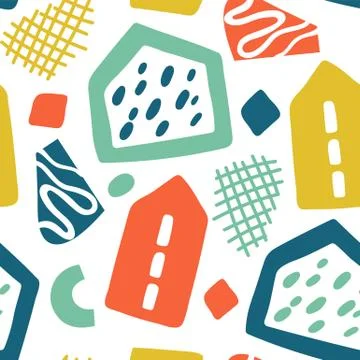 Doodle geometric background. Hand drawn buildings, colorful houses and abstract Ilustración de archivo