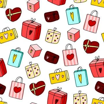 Doodle Gifts seamless pattern. Hand drawn presents Illustrazione stock