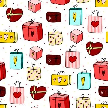 Doodle Gifts seamless pattern. Hand drawn presents Illustrazione stock