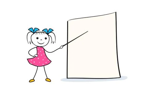 Doodle girl character with pointer in hand near empty presentation board. Stock Illustration