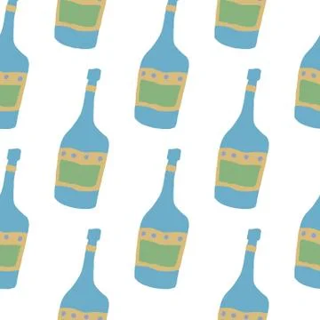 Doodle glass bottle seamless pattern on white background. Alcohol bar bottles Illustrazione stock
