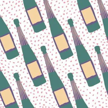 Doodle glass bottle seamless pattern on dots background. Alcohol bar bottles  Illustrazione stock