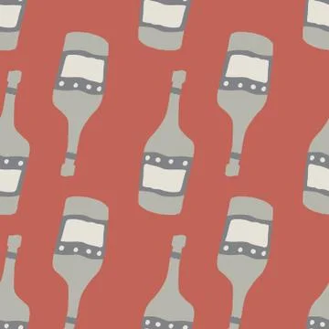 Doodle glass bottle seamless pattern on red background. Alcohol bar bottles i Illustrazione stock