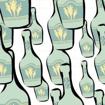 Doodle glass bottle seamless pattern on white background. Alcohol bar bottles Illustrazione stock