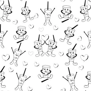 Doodle glass of coffee pattern with different emotion Stock Illustration