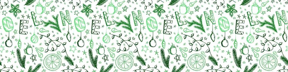 Doodle Green Christmas Vector Seamless Pattern Stock Illustration