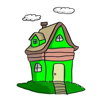 Doodle green house with clouds vector illustration sketch hand drawn with bla 스톡 일러스트