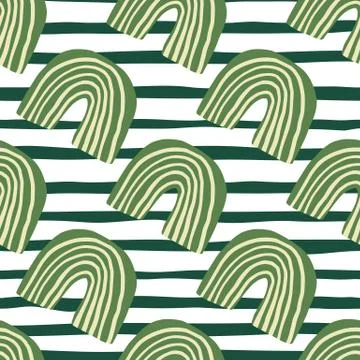 Doodle green rainbow seamless pattern on stripes background. Abstract shapes  Illustrazione stock