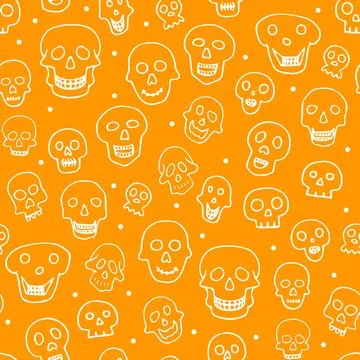 Doodle Halloween sculls seamless pattern. Outline Skeleton 스톡 일러스트
