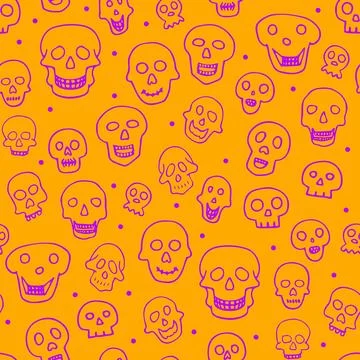 Doodle Halloween sculls seamless pattern. Violet Skeleton background Stock Illustration