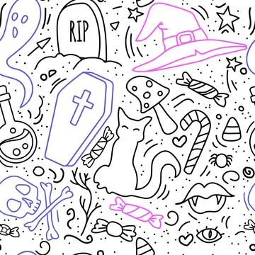 Doodle Halloween seamless pattern. cat, witch hat, ghost, vampire lips, grave 스톡 일러스트