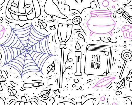 Doodle Halloween seamless pattern. Web. pumpkin, Jack-o-lantern, raven, witch 스톡 일러스트