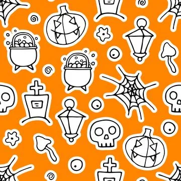 Doodle Halloween sticker seamless pattern. Orange background Stock Illustration