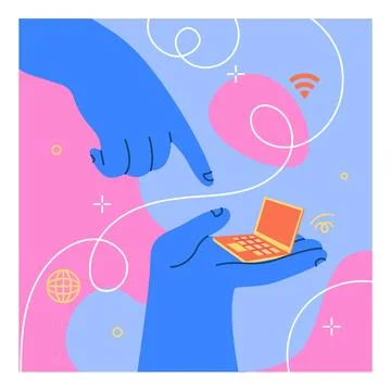 Doodle hand. Big cute arm holding tiny laptop. Online messenger. Social med.. イラスト素材