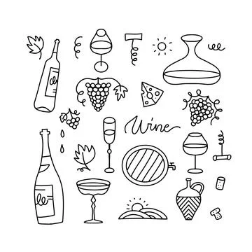 Doodle hand draw wine elements set on white background. Linear bottles, glasses Stock Illustration