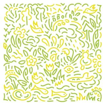 Doodle hand drawing Background. Flowers, leaves, birds . Vector illustration Stock Illustration